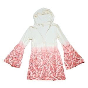 Cream and Red Paisley Hooded Dress Tunic Top Beach Unique Flare Sleeve L
